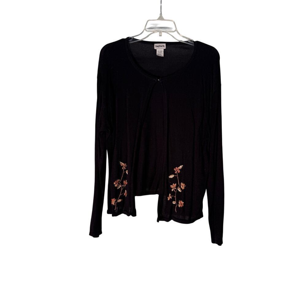 Vintage 90's BonWorth Sweater Cardigan Women's M Black w/Embroidered‎ Flowers